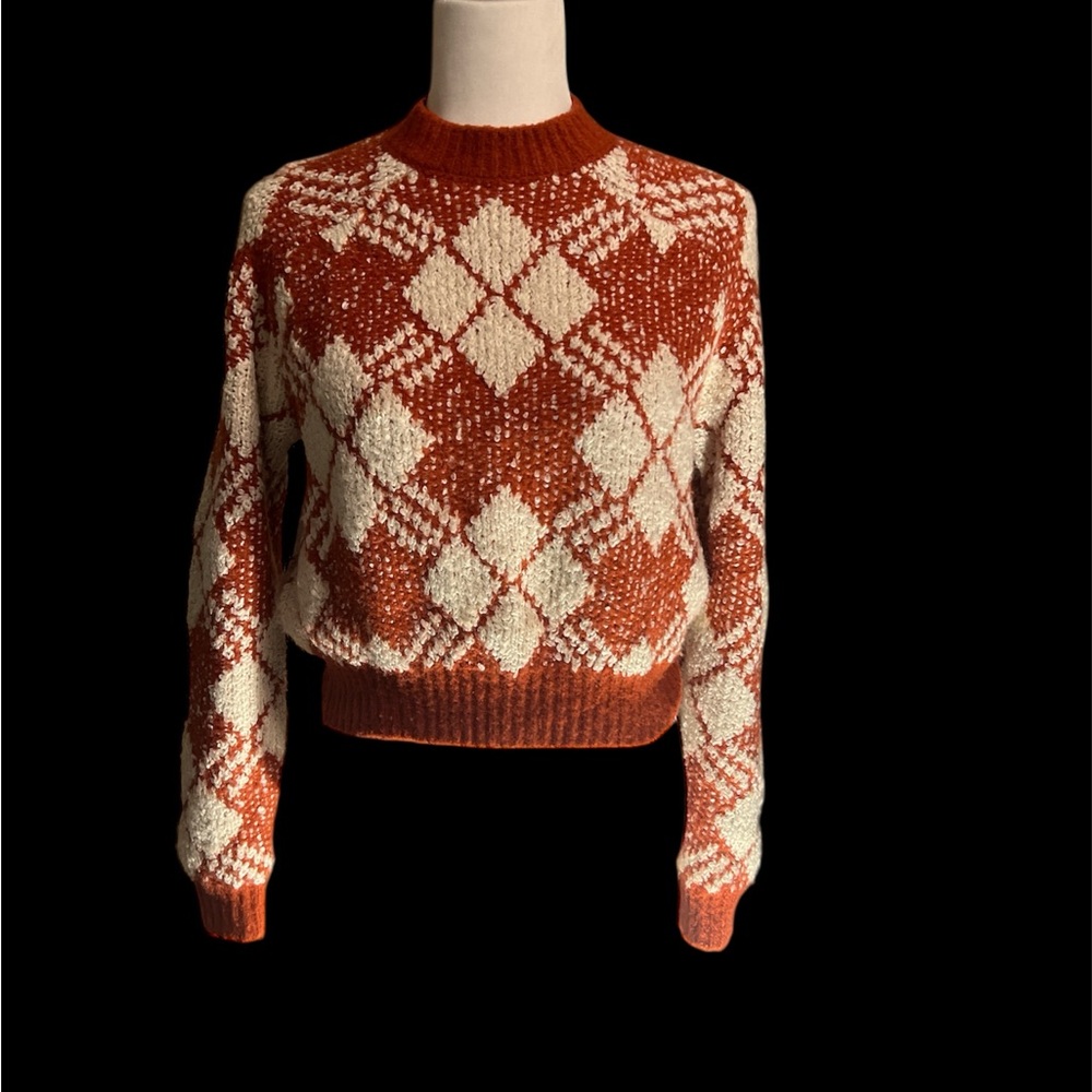 Argyle Knit Sweater in Rust and Cream